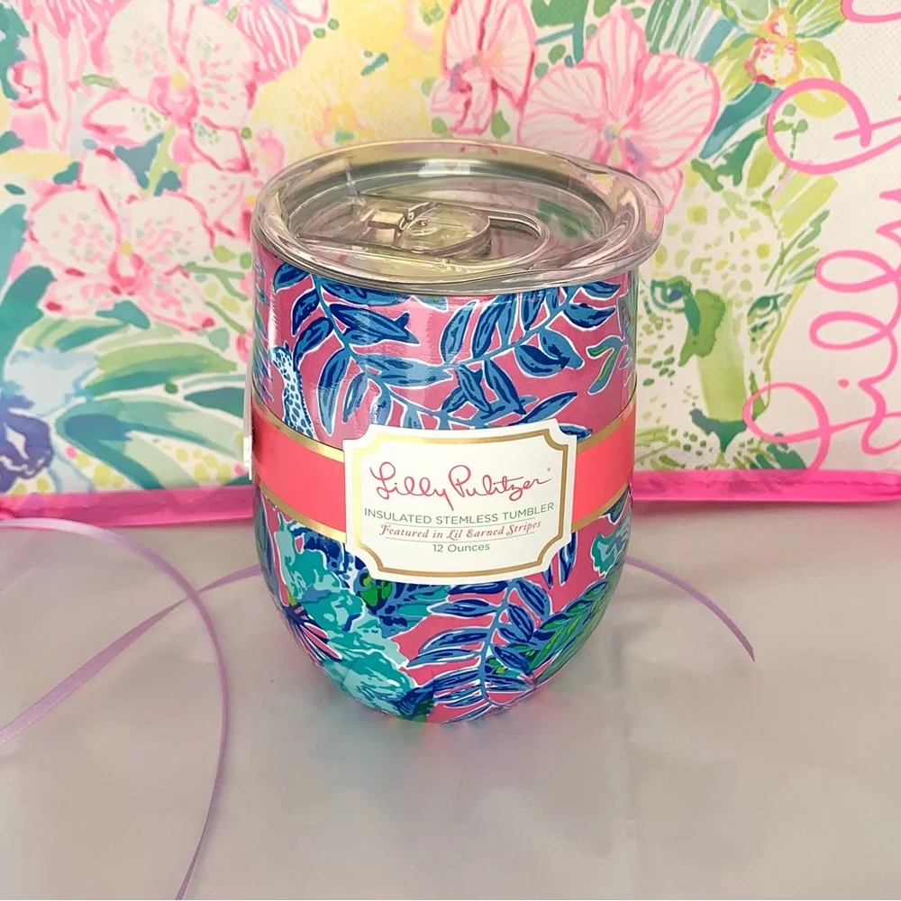 NEW Lilly Pulitzer Insulated Stemless Tumbler Pink Isle Lil Earned Stripes - Picture 3 of 15